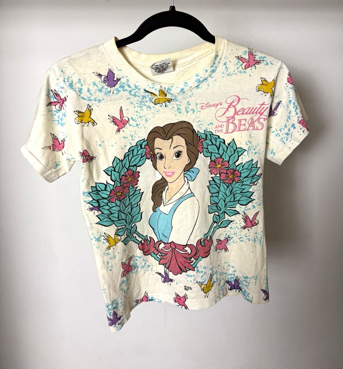 Vtg grail 90s Disney Beauty and the Beast All Over Print T Shirt Kids M 12/14 