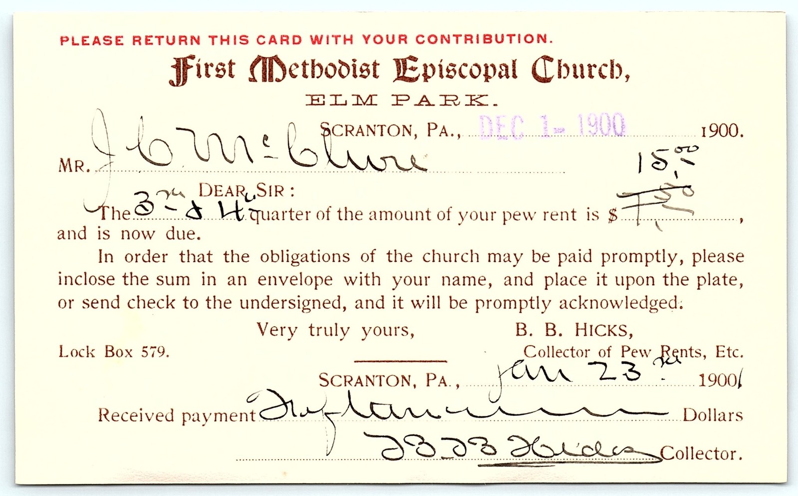 1900 First Methodist Episcopal Church Pew Rent Billhead