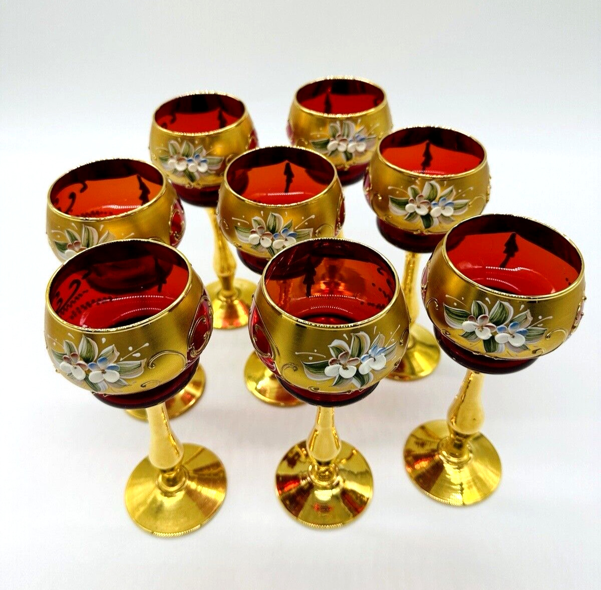 Set of 8 Antique Royal Red Ruby Hand Blown Wine Glass Gold Trim Enamel Flower