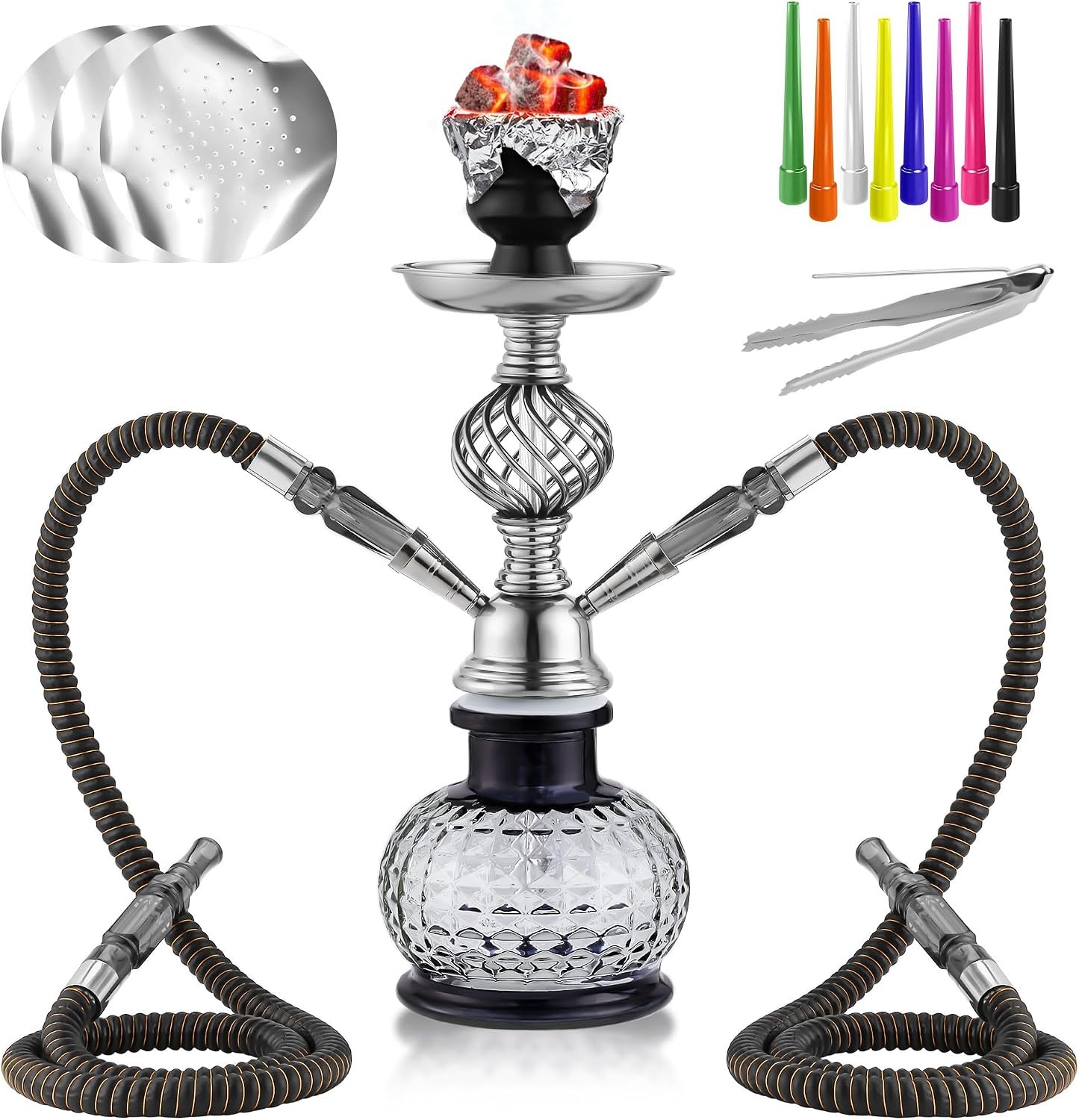 12'' Hookah Set 2 Hose Hookah Set With Everything - Modern Shisha Hookah Glass V 12'' Hookah Set 2 Hose Hookah Set With Everything - Modern Shisha Hookah Glass V
