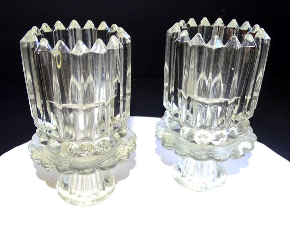 two Ribbed Crystal candle stick voltive holders 4.5