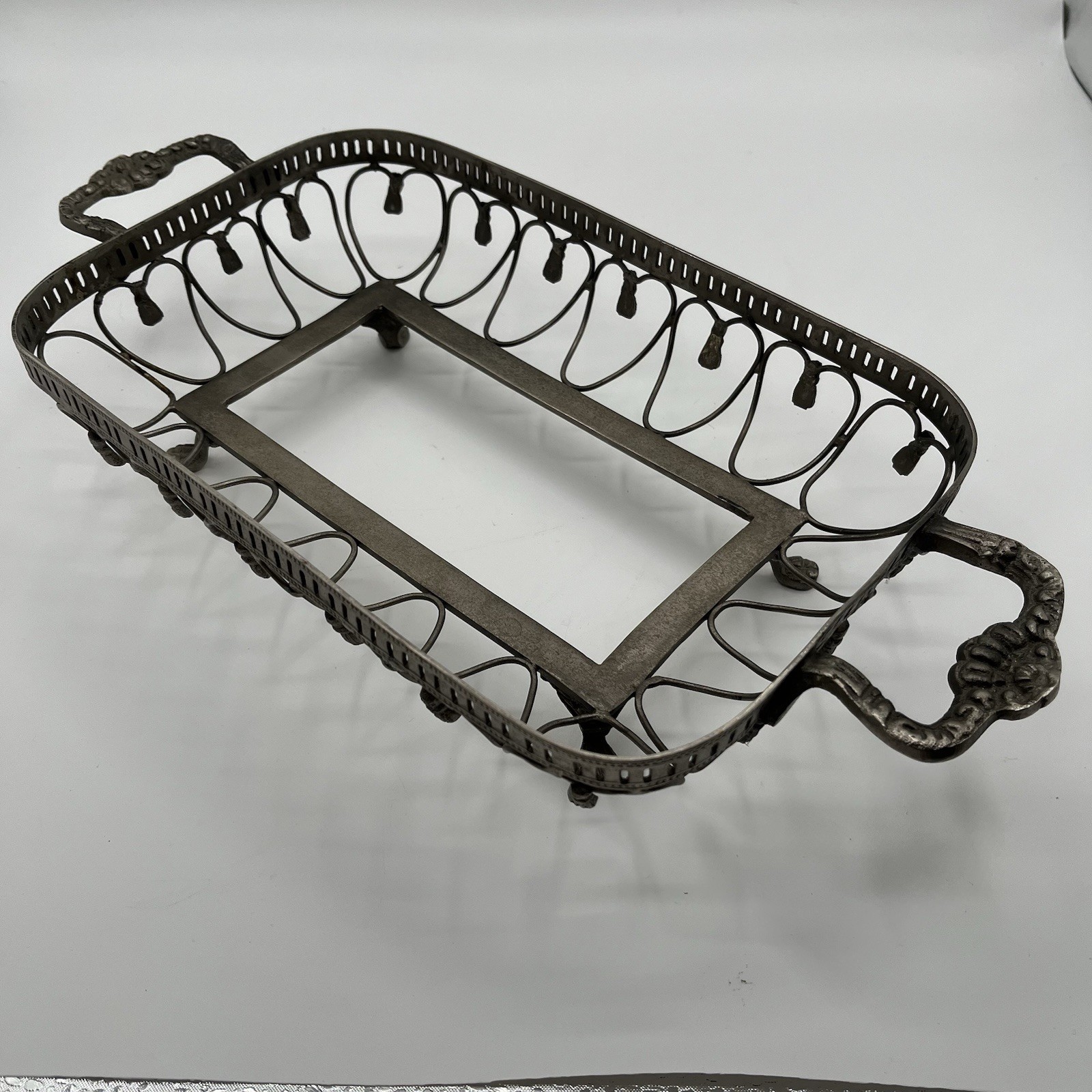 Vintage Silver Plated Footed Marinex Glass Casserole Dish Server Holder 11”x7”