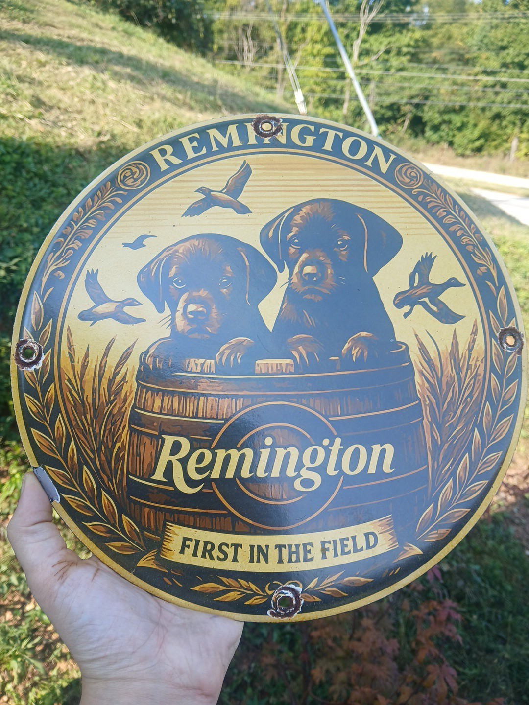 Vintage Remington Porcelain Sign - Firearms Rifle First In The Field Puppys Sign Vintage Remington Porcelain Sign - Firearms Rifle First In The Field Puppys Sign