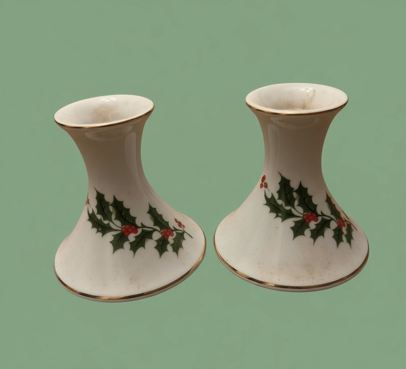Vintage 1986 Macy's All The Trimmings Japan Porcelain Holly Candle Holders Pair