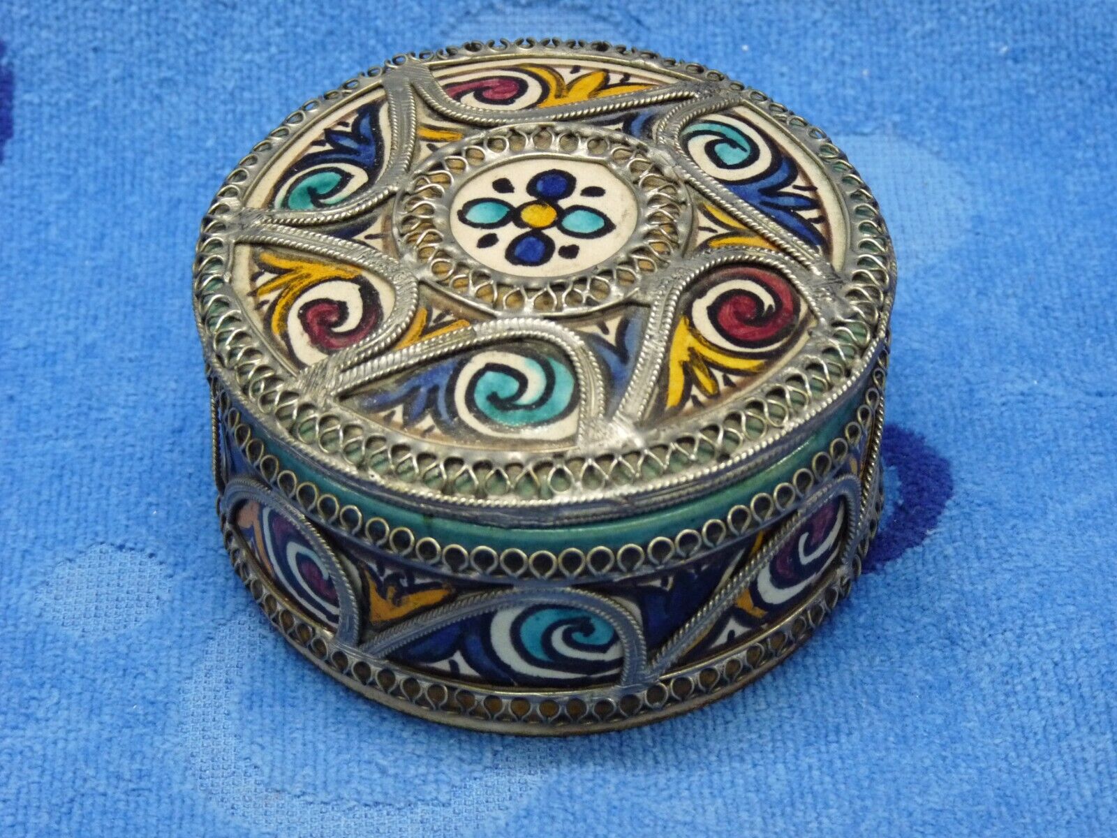 Moroccan Trinket Jewelry Box Ceramic w/Silver Plate Filigree Overlay Hand-Made