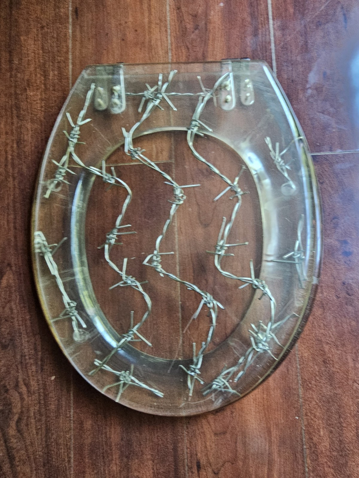 Vtg Lucite Acrylic Resin Clear Barbed Wire Toilet Seat Man Cave 16.5