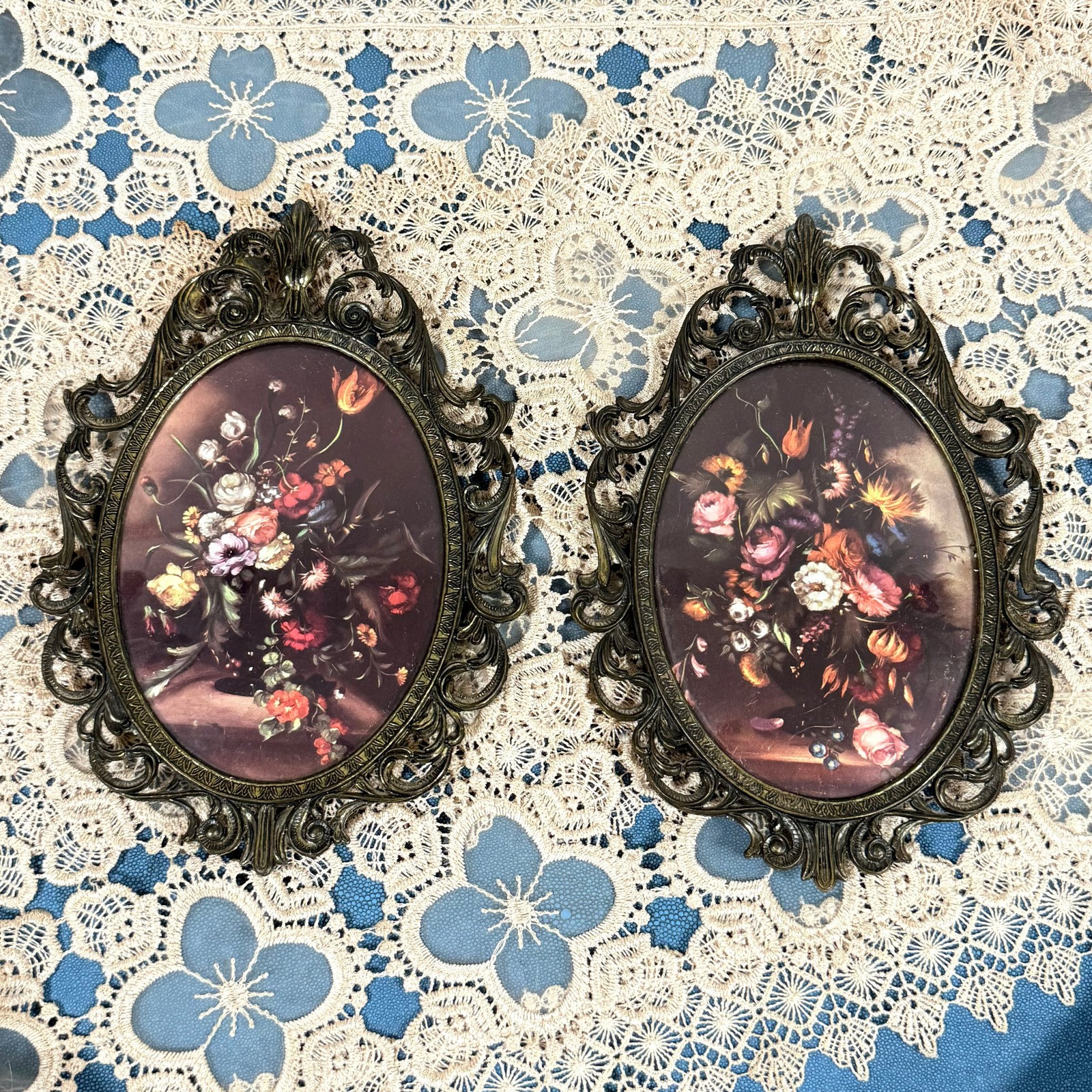 60s Italian Brass Oval Frame Pair Floral Still Life Beveled Glass 60s Italian Brass Oval Frame Pair Floral Still Life Beveled Glass