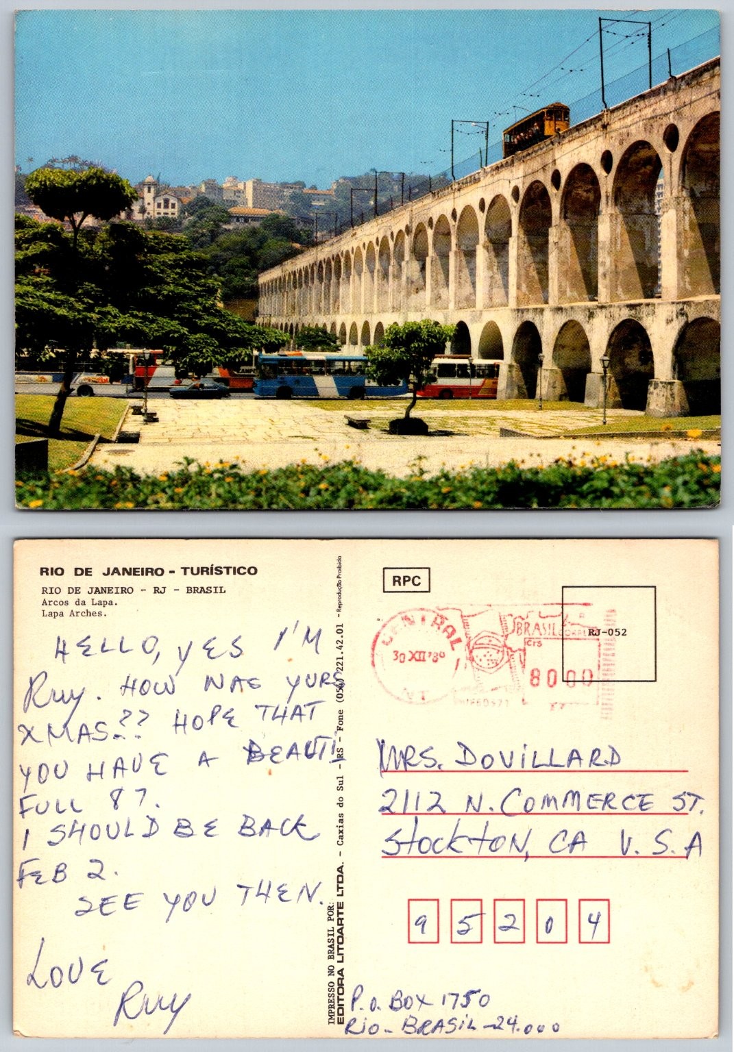 Rio de Janeiro Arcos da Lapa Brazil Tram Litoarte 1980 Postcard Rio de Janeiro Arcos da Lapa Brazil Tram Litoarte 1980 Postcard