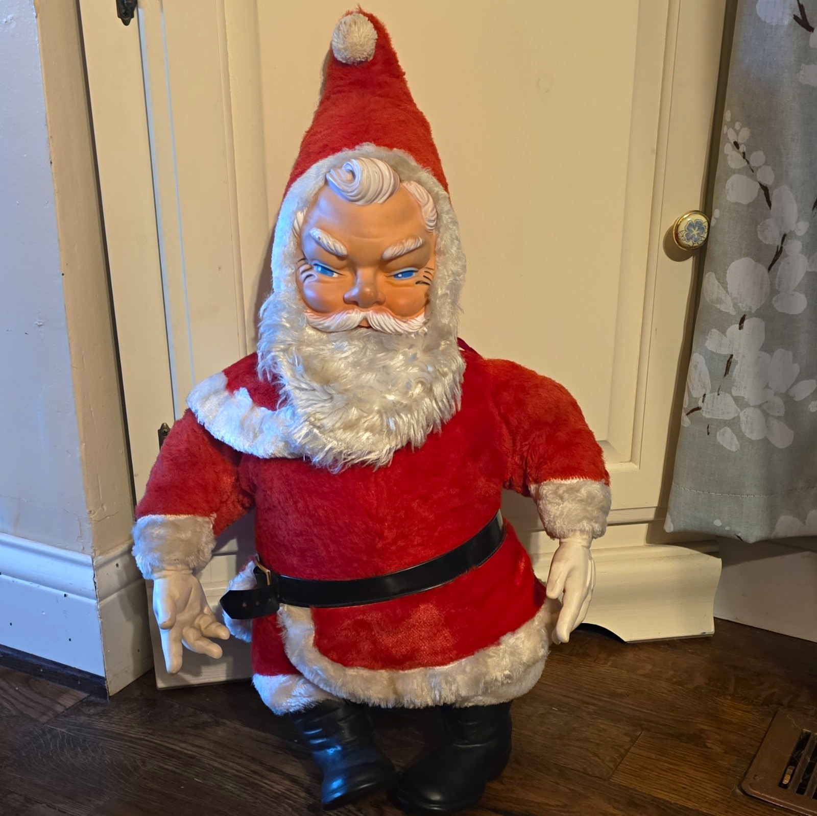 Vintage Santa Figure Red Suit White Beard Black Belt Plastic/Fabric 24