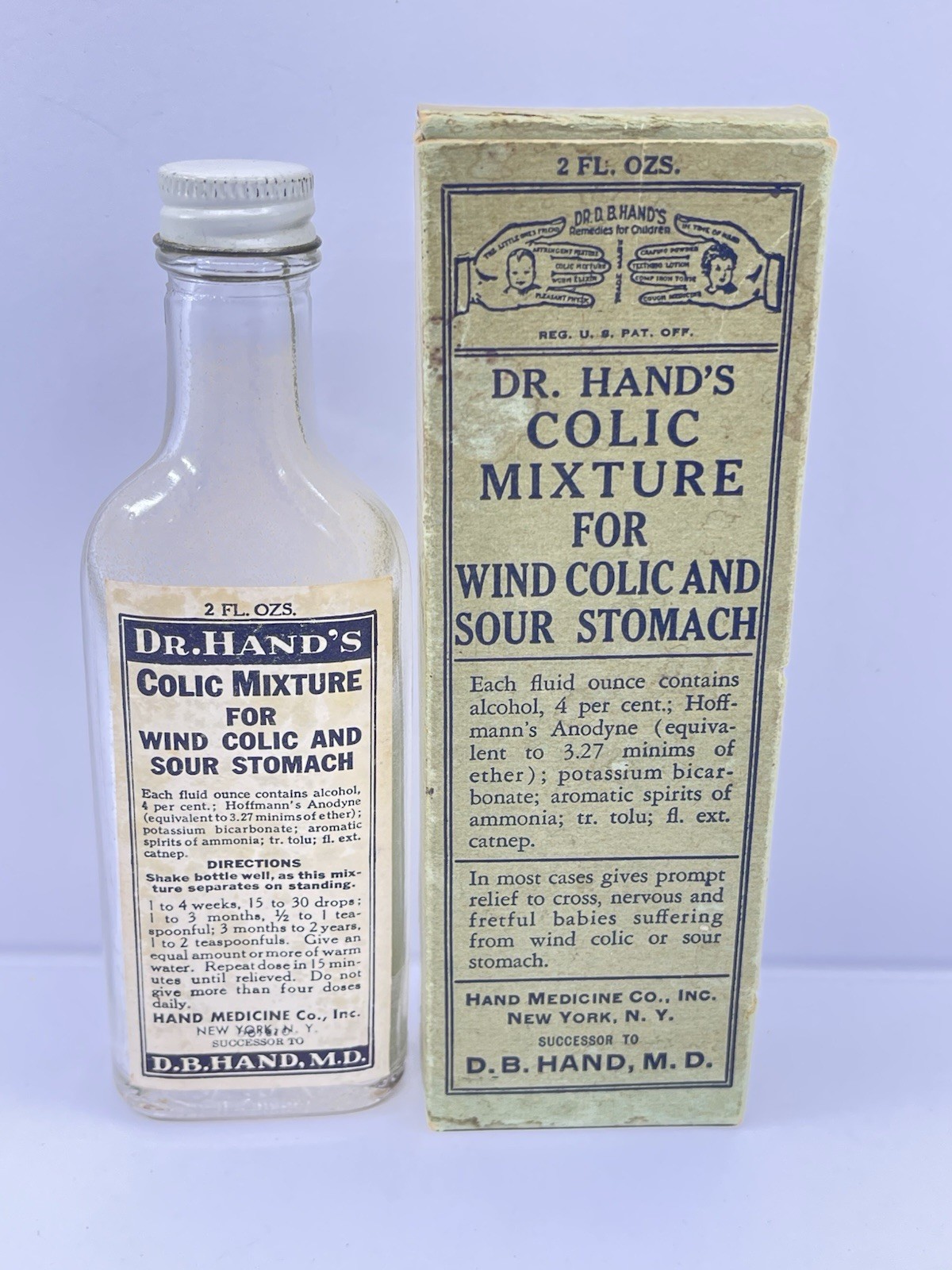 Vintage Dr Hands Colic Mixture Bottle & Box Antique Kids Patent Medicine Prop NY