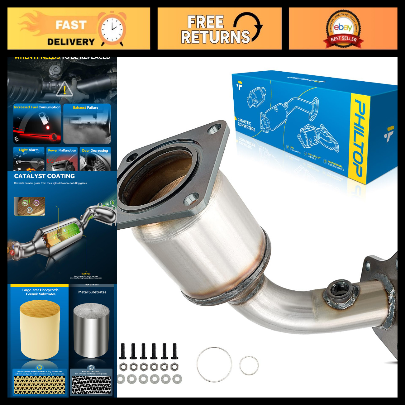 PHILTOP Front Right High FLow Stainless Steel Catalytic Converter Kit Fit For Ni