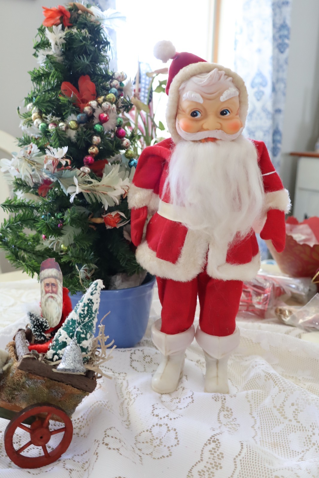 VINTAGE MCM RUBBER FACE 14” SANTA CLAUS DOLL RED FELT SUIT, HONG KONG
