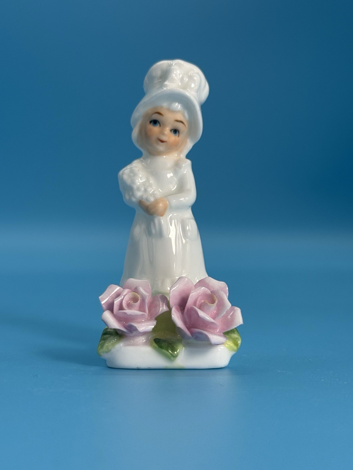 Vintage Enesco 1975 Porcelain Girl Figurine Pink Roses Japan Moriage
