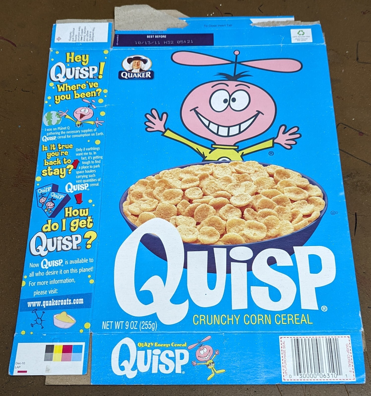 Vintage Empty Quaker Quisp Cereal Box 2011, Adventures Of Quisp Comic On Back
