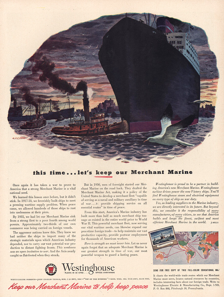 1944 Westinghouse: Merchant Marine Vintage Print Ad 1944 Westinghouse: Merchant Marine Vintage Print Ad