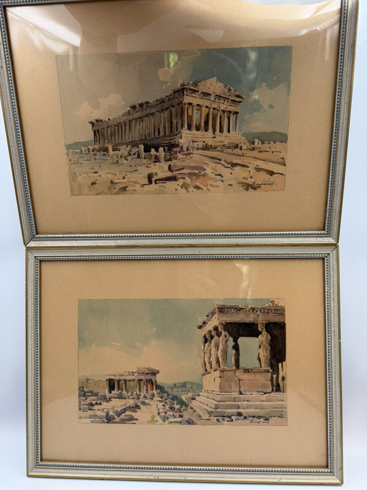 Vintage Pair of Original Greek Parthenon & Acropolis Watercolor Paintings Signed