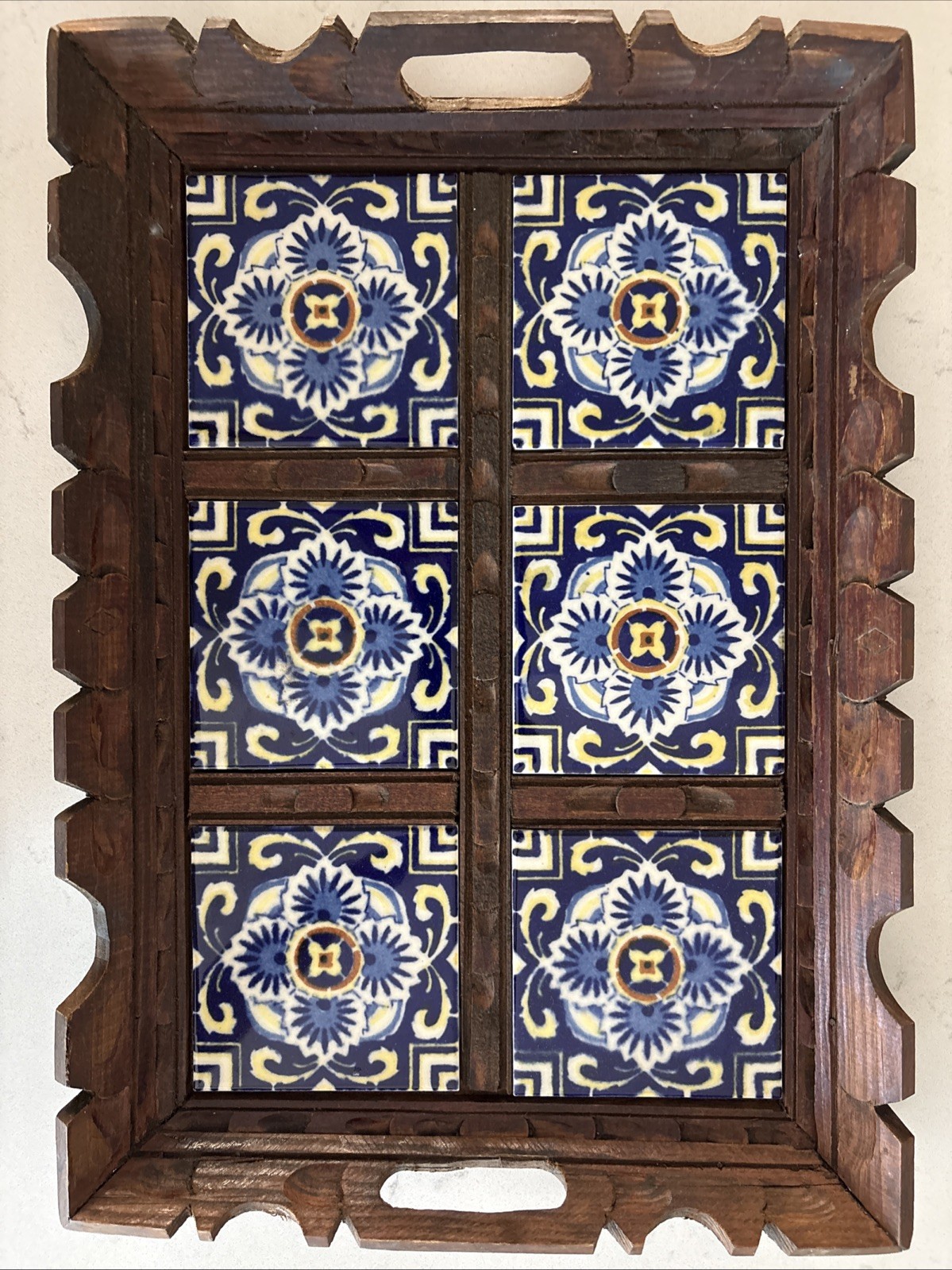 Vintage Hand Carved Wooden Tiled Tray