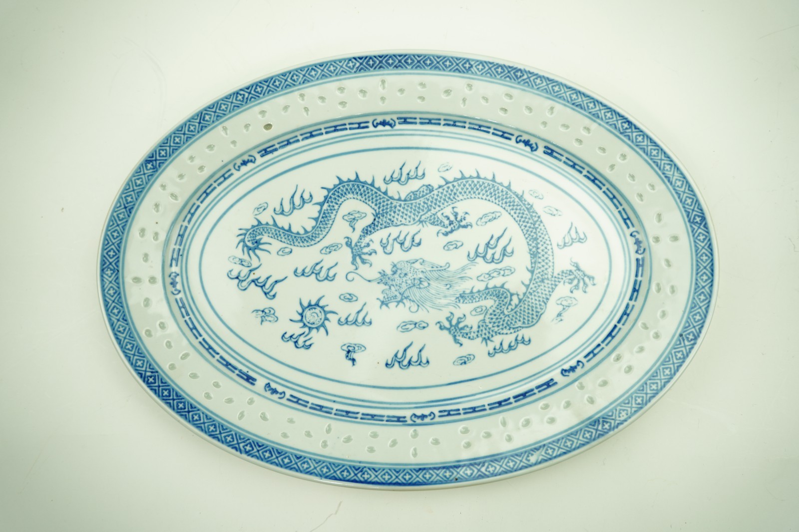Vintage Jingdezhen Chinese Rice Grain Eye Dragon Oval Serving Platter 14 Vintage Jingdezhen Chinese Rice Grain Eye Dragon Oval Serving Platter 14