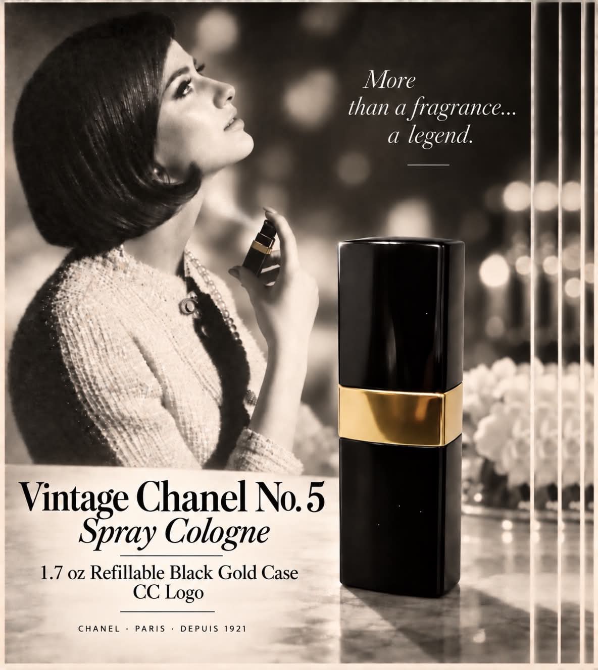 Vintage Chanel No 5 Spray Cologne 1.7oz Refillable Black Gold Case CC Logo