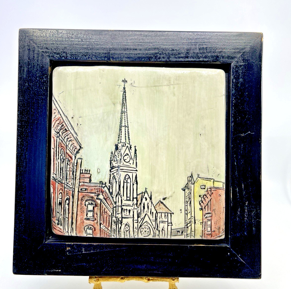 VTG St.Mary’s Church Handmade Title Wood Frame Ceramic Pottery Wall Decor