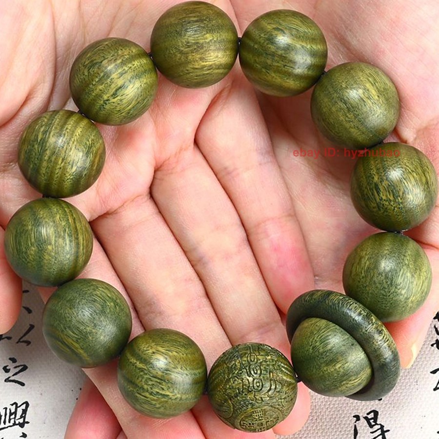 20mm *12 Pcs Round Beads Natural Grade A Green Wood Carved Bracelet Lucky Rosary