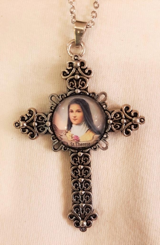 Lovely Swirl Accent St Theresa of the Roses Picture Silvertn Medal Cross Pendant