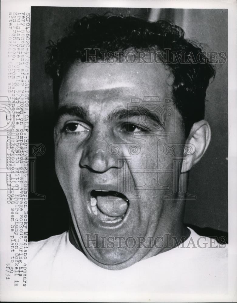 1955 Press Photo Heavyweight champ Rocky Marciano works out in Calistoga Calif 1955 Press Photo Heavyweight champ Rocky Marciano works out in Calistoga Calif