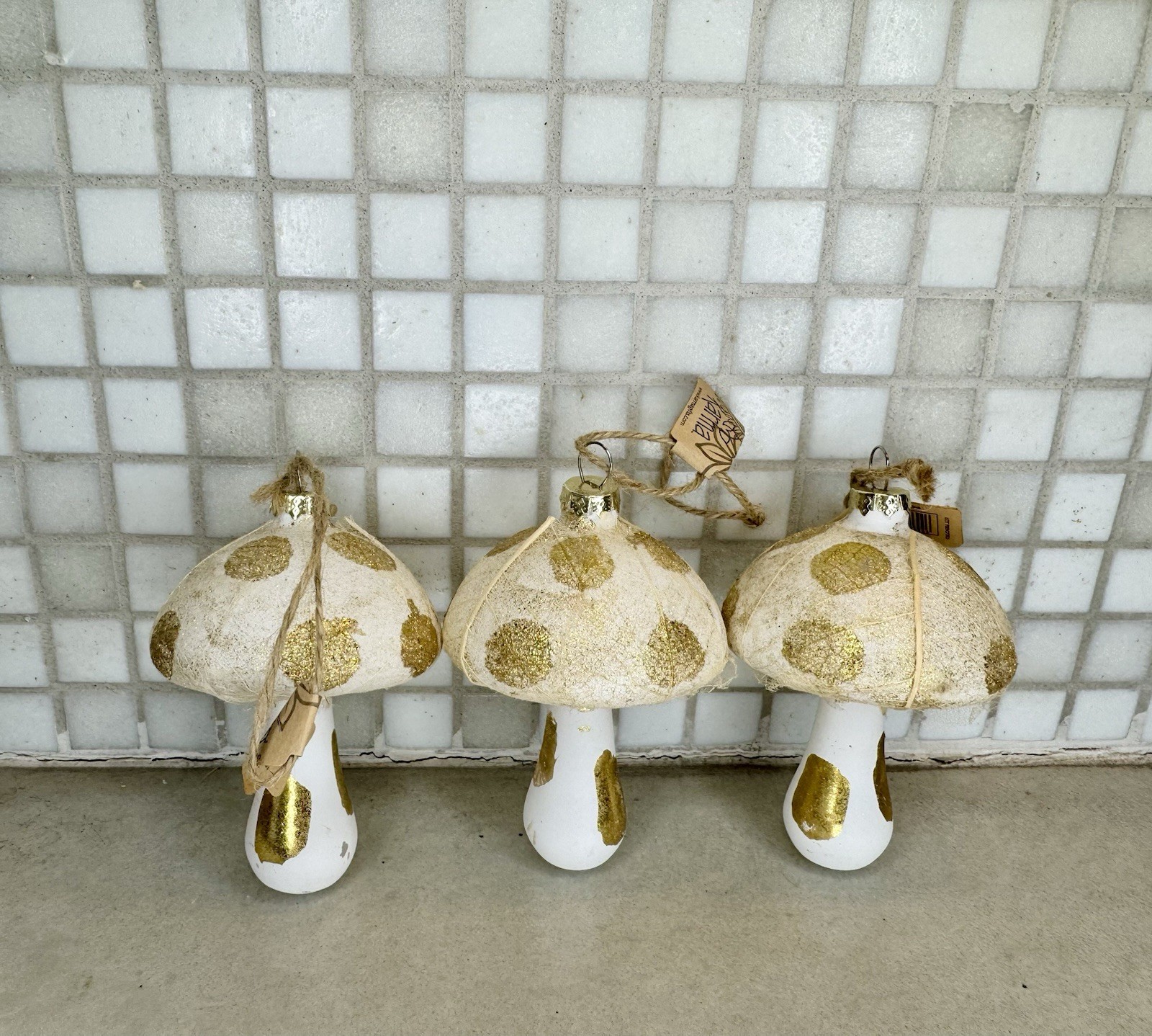 Anthropologie KARMA Glass Mushroom Holiday Ornaments Set 3 Glitter Polka Dots Anthropologie KARMA Glass Mushroom Holiday Ornaments Set 3 Glitter Polka Dots