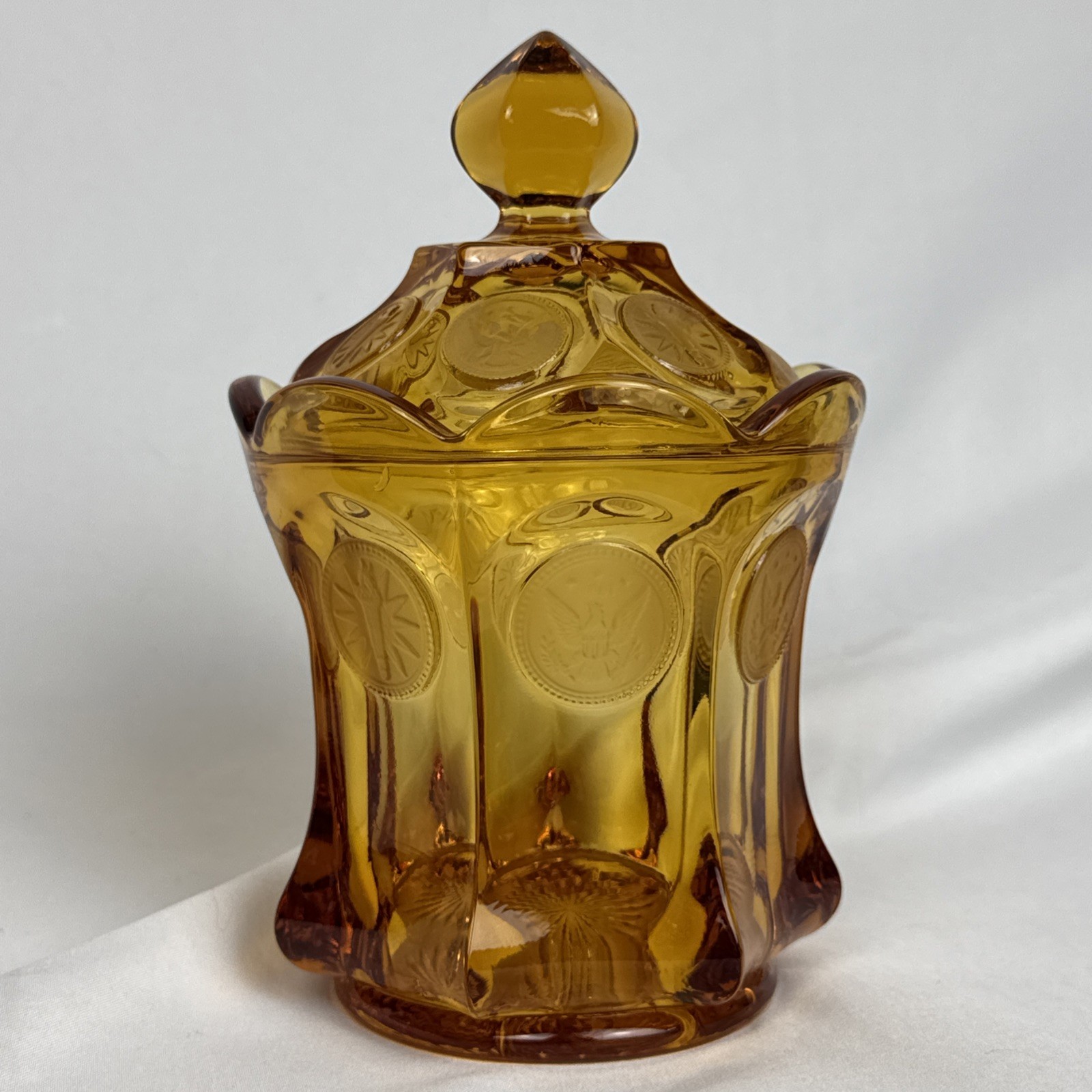 Vintage Fostoria Amber Coin Glass Candy Dish Bowl Urn +LID 6.5\