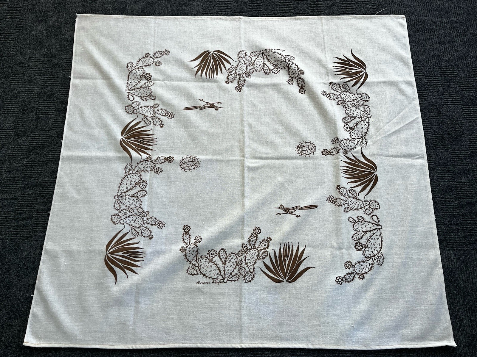 Harwood Steiger MCM Tablecloth Brown/Ivory Tubac AZ Textile Cactus Roadrunner