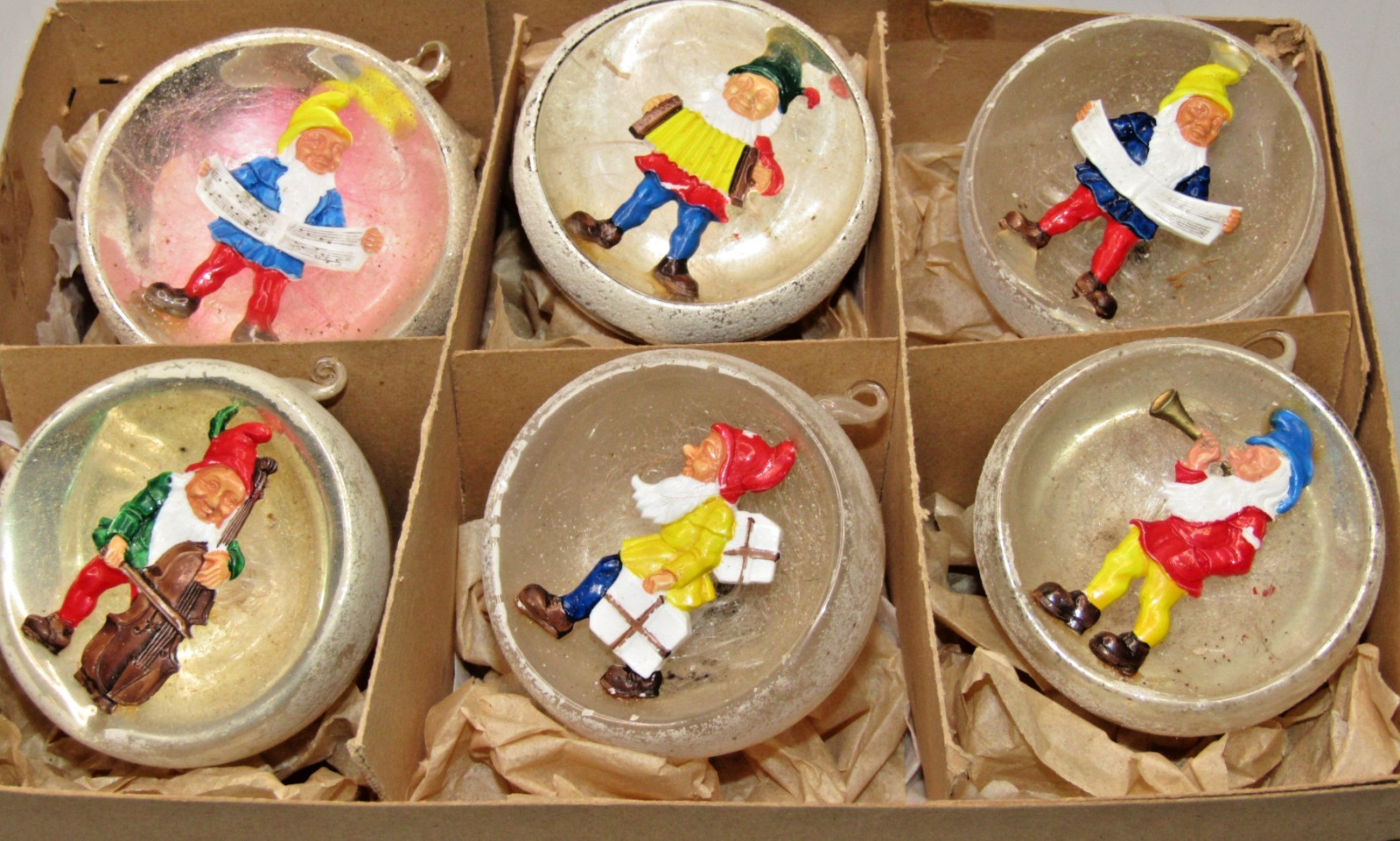 Lot VTG Glass Diorama DWARF Musicians Indent Ball Christmas Ornaments Germany