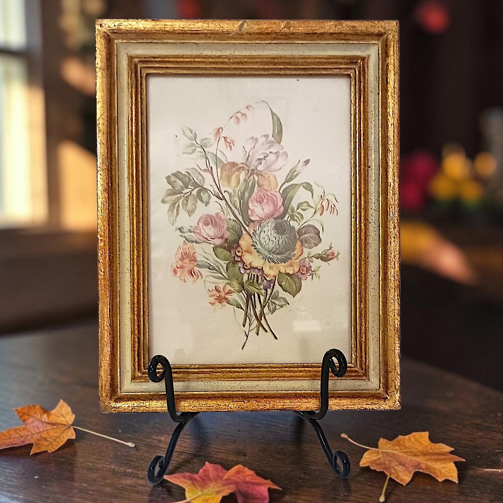 Vtg Florentine Italy Floral Picture Framed Botanical Flowers On Silk Gold Gilt