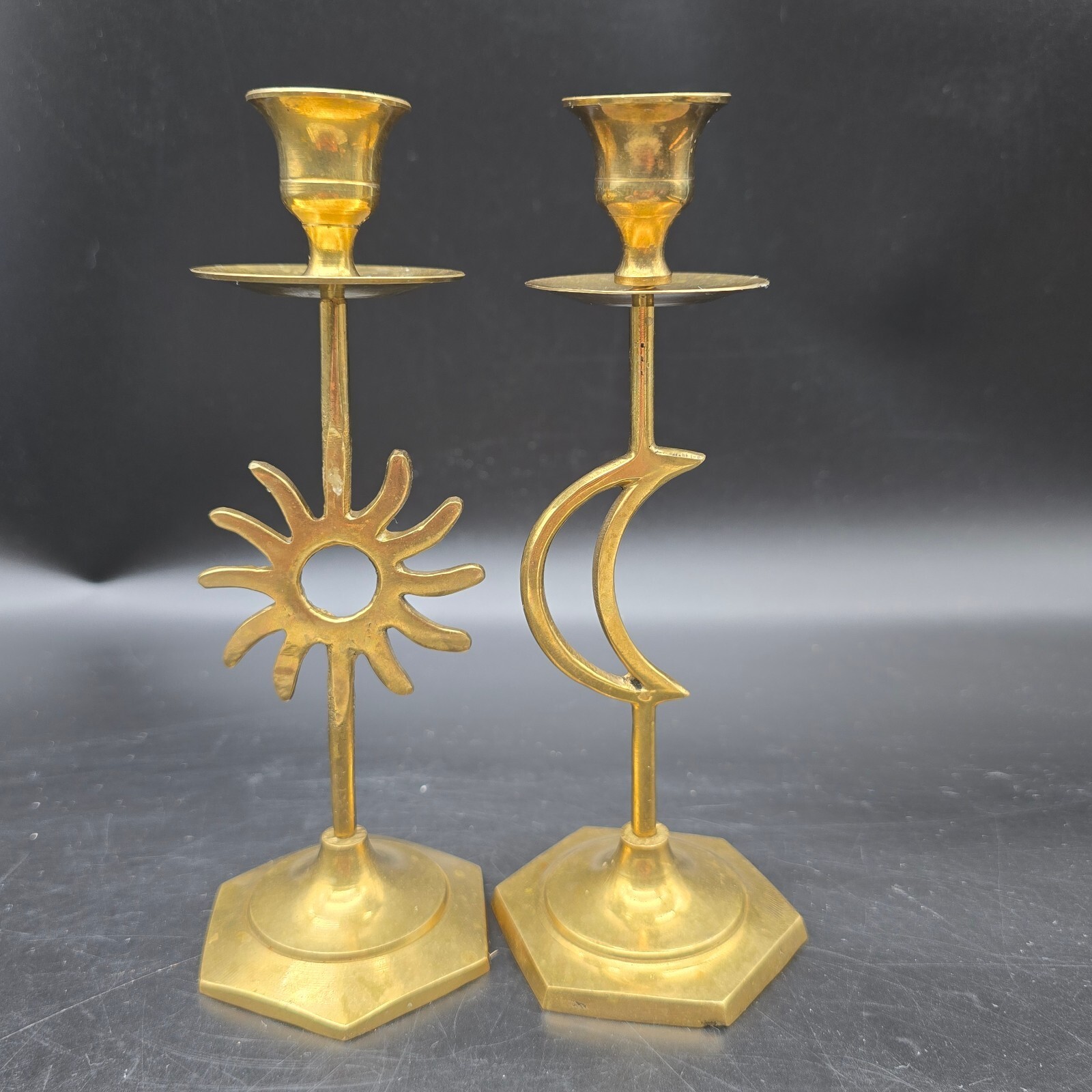 Vintage 90s Brass Celestial Candlestick Holders Pair Sun & Moon 7.5” Whimsigoth Vintage 90s Brass Celestial Candlestick Holders Pair Sun & Moon 7.5” Whimsigoth