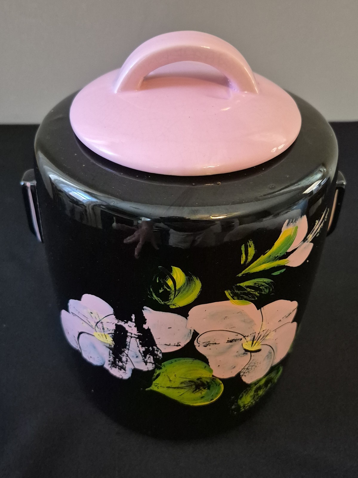 McCoy Black Cookie Jar Hand Painted Pink Flowers Pink Lid Vintage USA