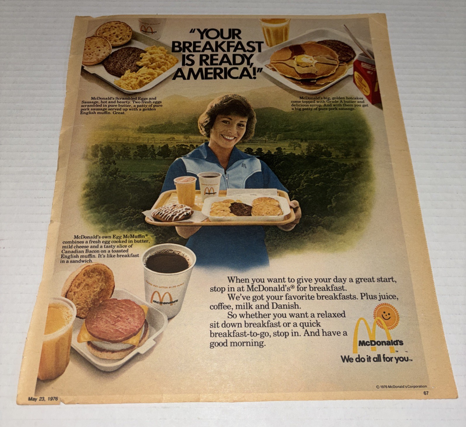 Vintage 1970s McDonalds Breakfast AD Egg McMuffin We Do It All For You 1976 Prop Vintage 1970s McDonalds Breakfast AD Egg McMuffin We Do It All For You 1976 Prop
