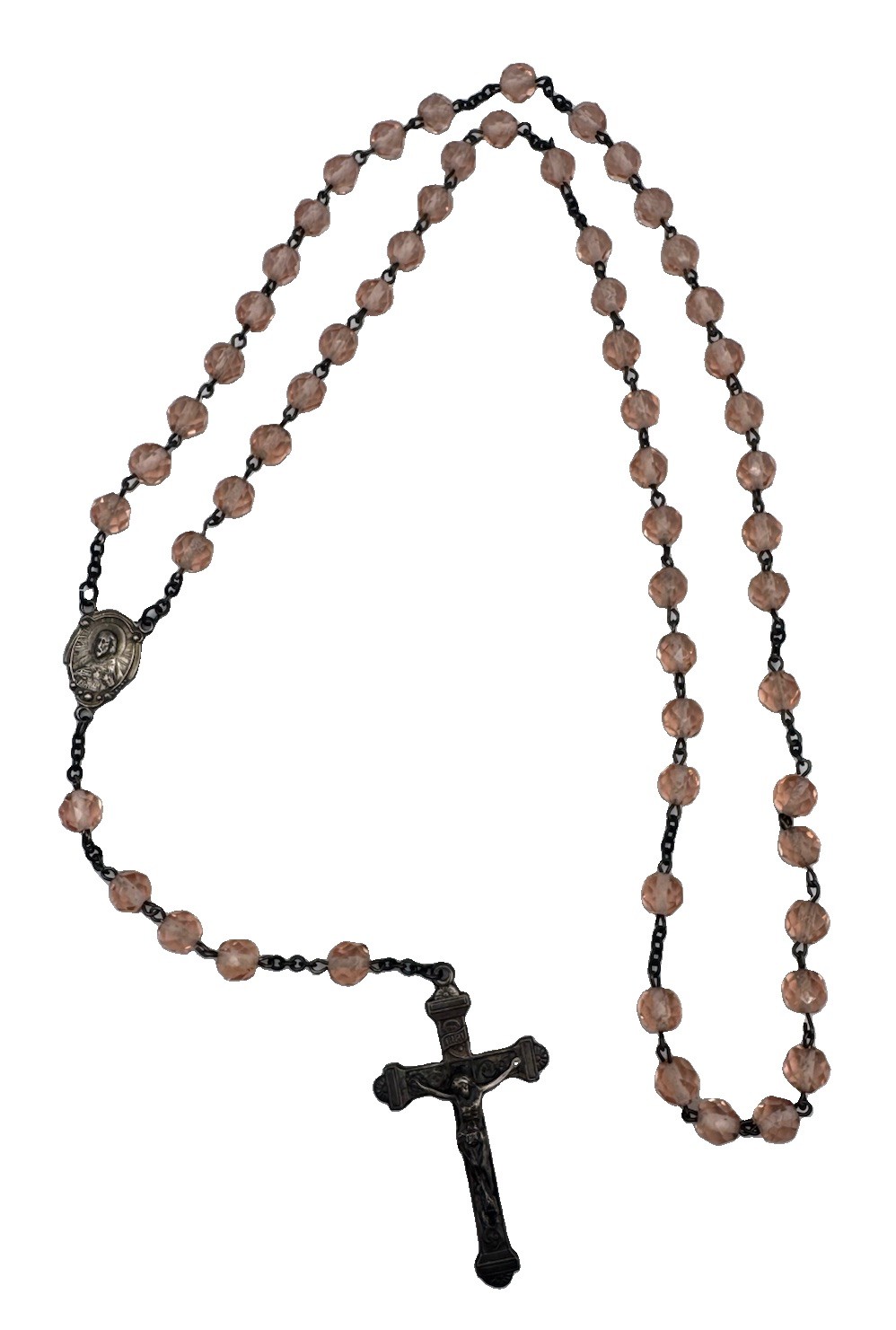 Vtg Beautiful Pink Faceted Glass Beaded Sterling Cross Rosary