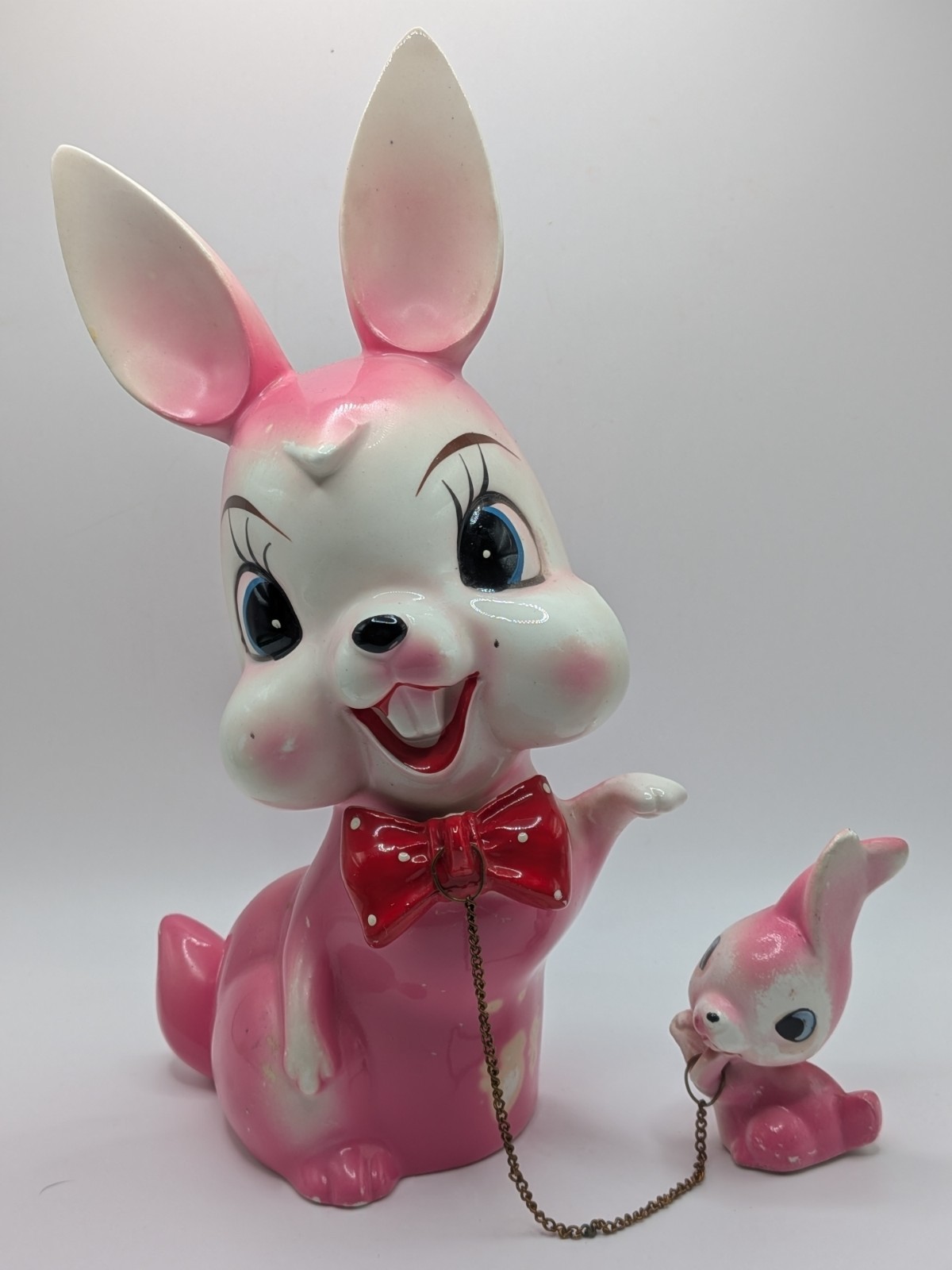 Vintage ARNART Japan Kitsch Anthropomorphic Pink Bunny Rabbit Mom & Chained Baby Vintage ARNART Japan Kitsch Anthropomorphic Pink Bunny Rabbit Mom & Chained Baby