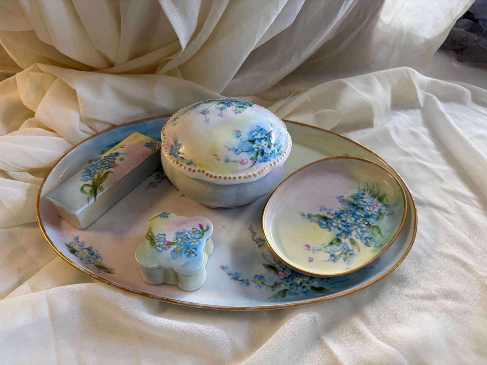 5 pc Vintage Hand Painted Vanity Set- 1913-1919 Forget me Not Pattern