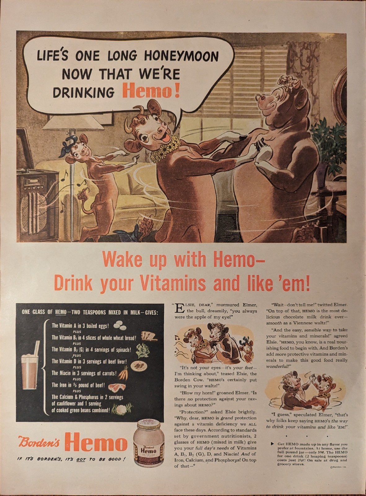 Borden's Hemo Vitamin Supplement Drink Vintage 1944 Folio Dairy Print Ad