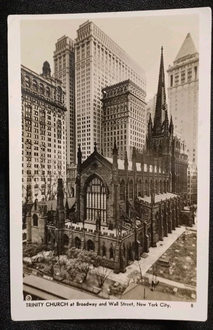 RPPC 1941 Trinity Church Broadway & Wall Street New York City Photo Postcard RPPC 1941 Trinity Church Broadway & Wall Street New York City Photo Postcard