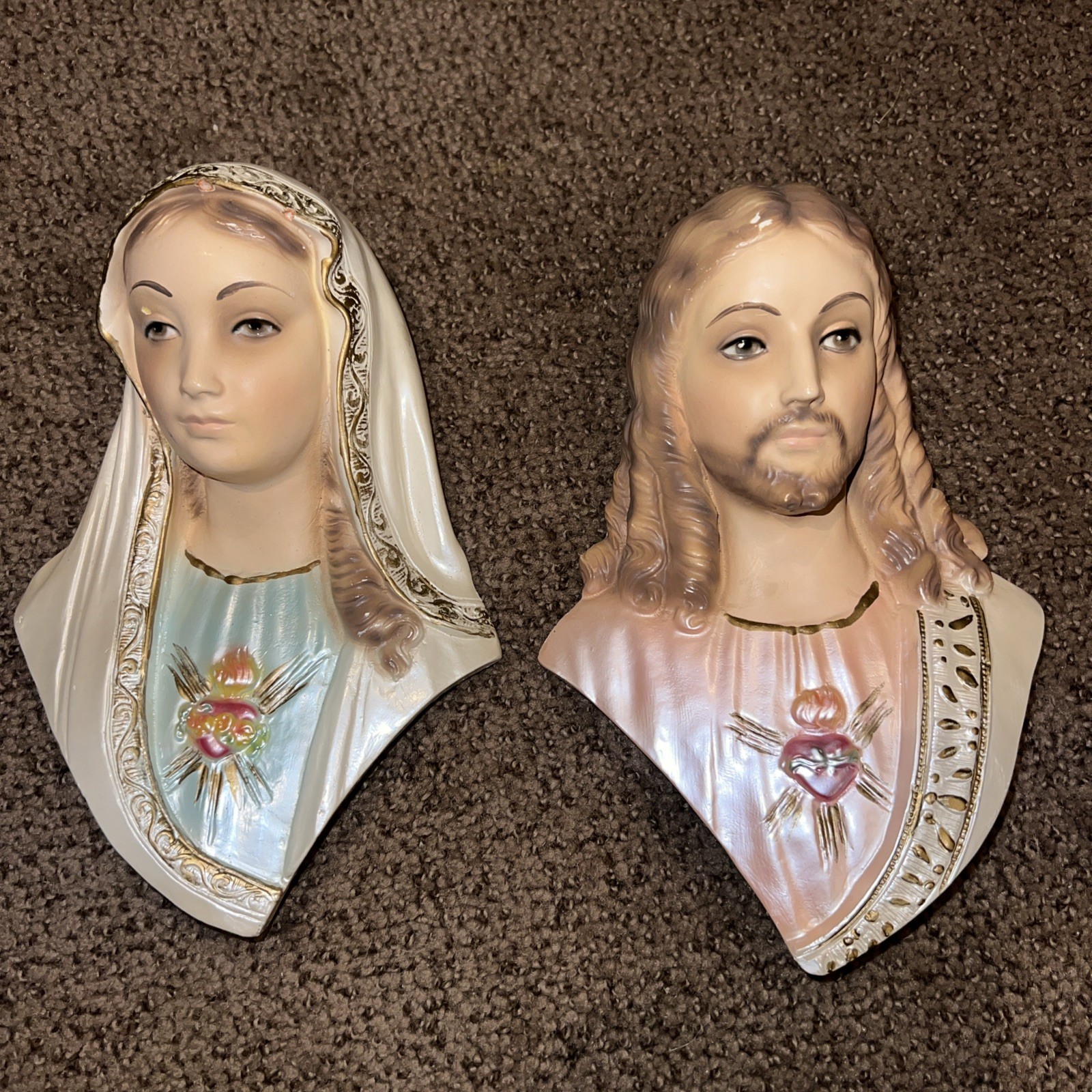 Vintage Mary & Jesus Chalkware Wall Hanging Plaques Sacred Heart Religious 50s