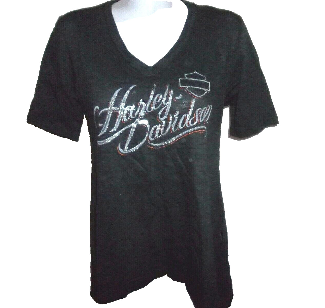 NWT, HARLEY-DAVIDSON Women's Black Tee, Silver Graphics, Hi-Lo Hem, Size Medium