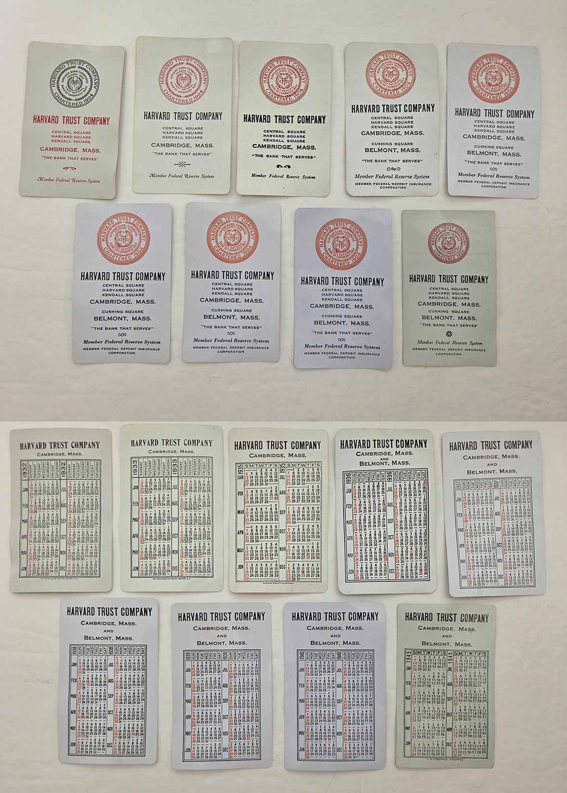 1932-1945 antique HARVARD TRUST COMPANY cambridge ma belmont 7pc CALENDAR lot