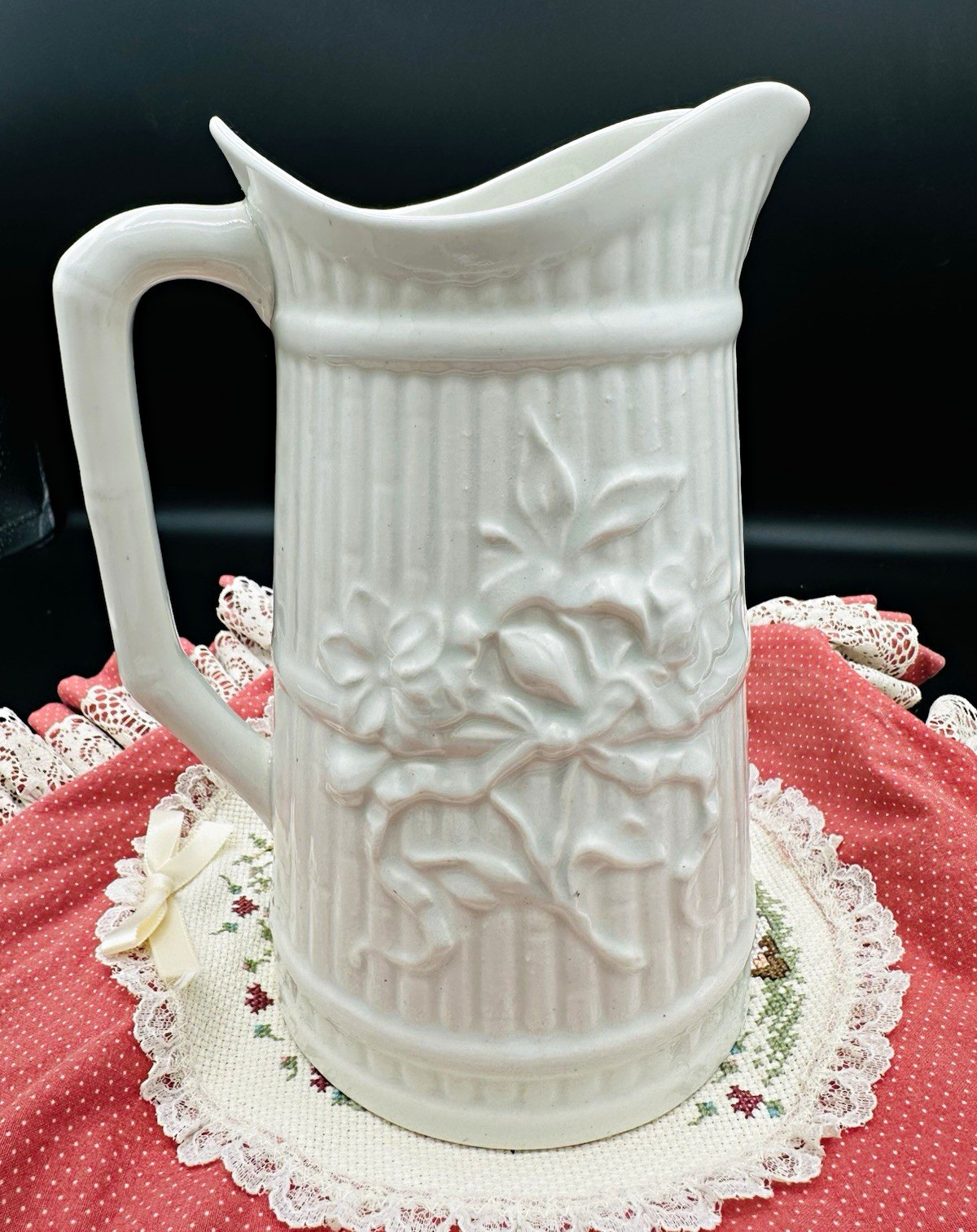 Vintage Arabia Finland White Ironstone Relief Pitcher Floral Ribbon Bow N 2155 Vintage Arabia Finland White Ironstone Relief Pitcher Floral Ribbon Bow N 2155