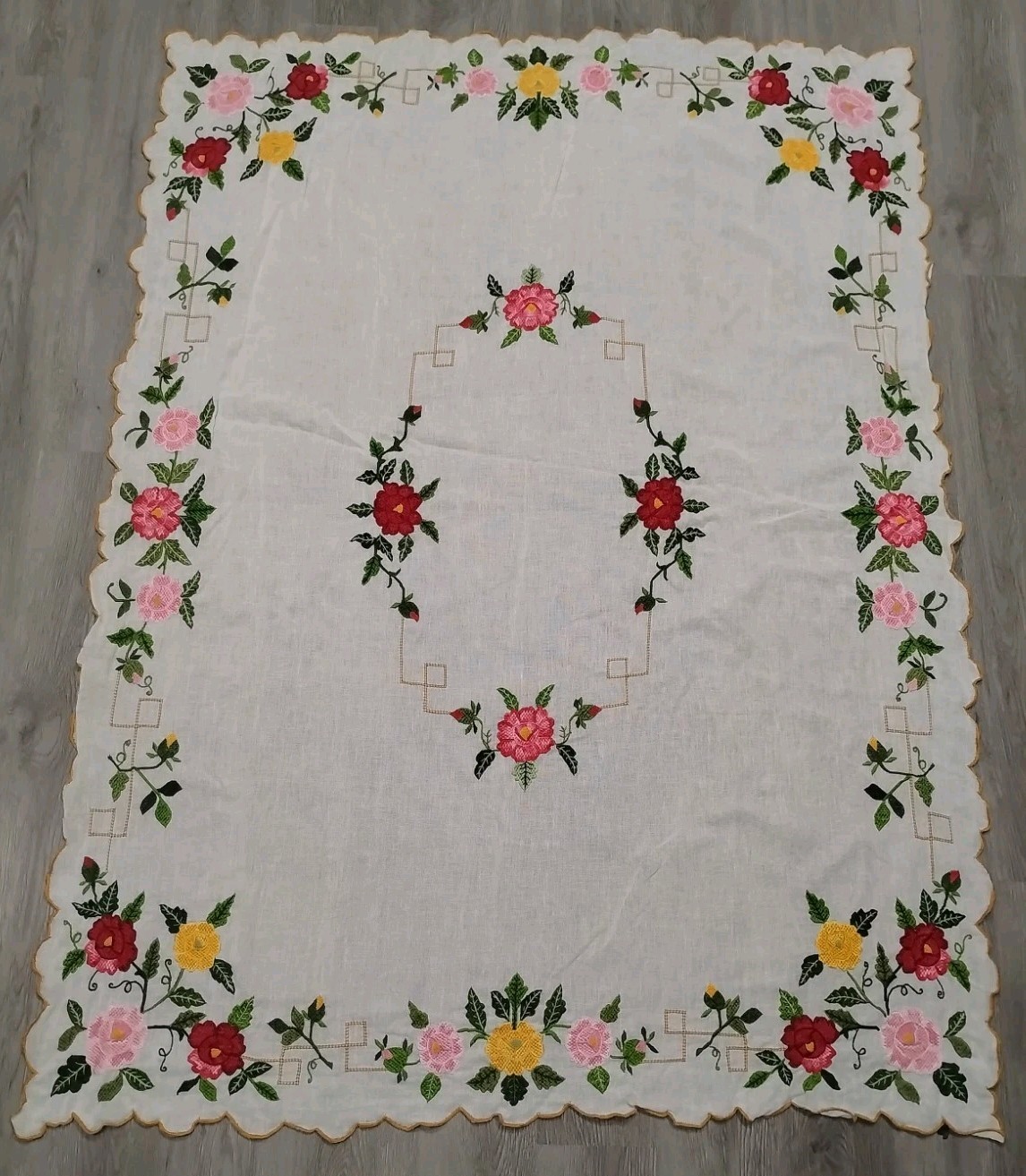 Vtg Fine Linen Tablecloth Floral Crossstich Hand Embroidered Scalloped 64\ Vtg Fine Linen Tablecloth Floral Crossstich Hand Embroidered Scalloped 64\