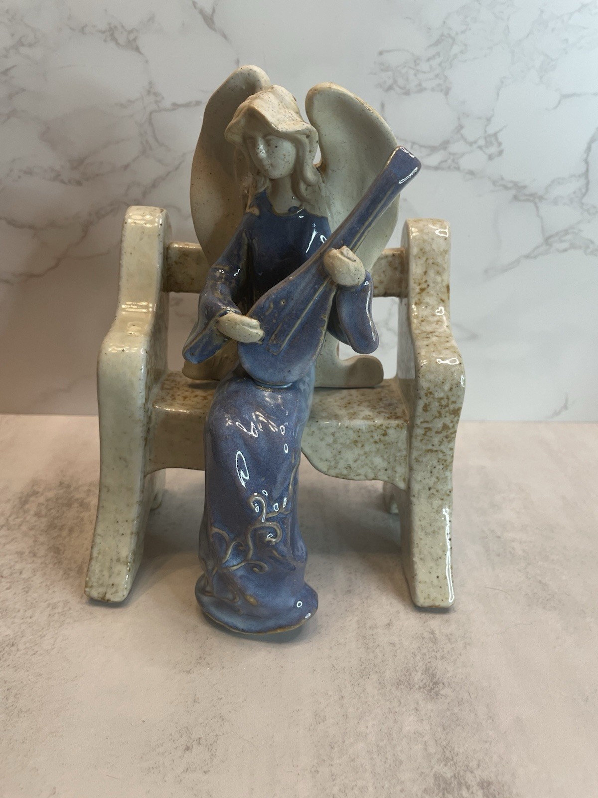 VTG Heavenly Helpers 7” Stoneware Pottery Angel on Bench Musician w/Lute 1999