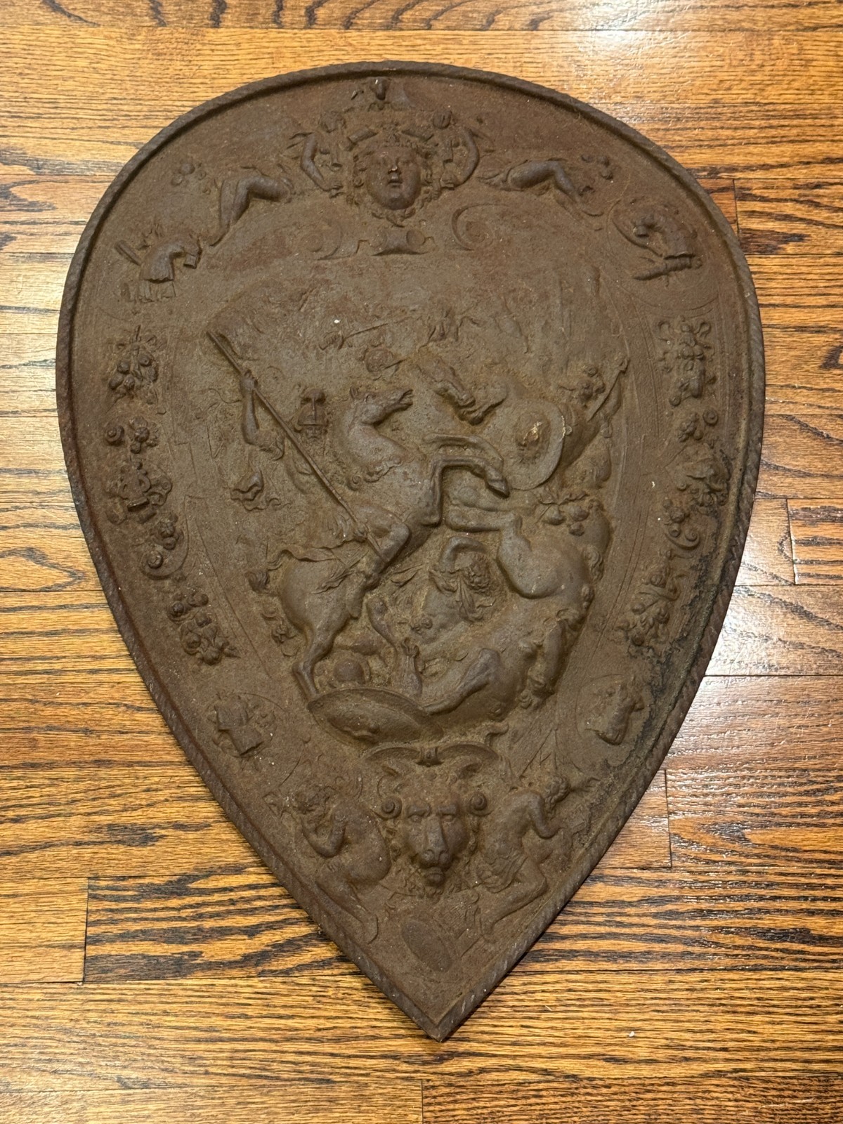 SO RARE Antique Turn of the Century Cast Iron Battle Shield Decorative Fighting SO RARE Antique Turn of the Century Cast Iron Battle Shield Decorative Fighting