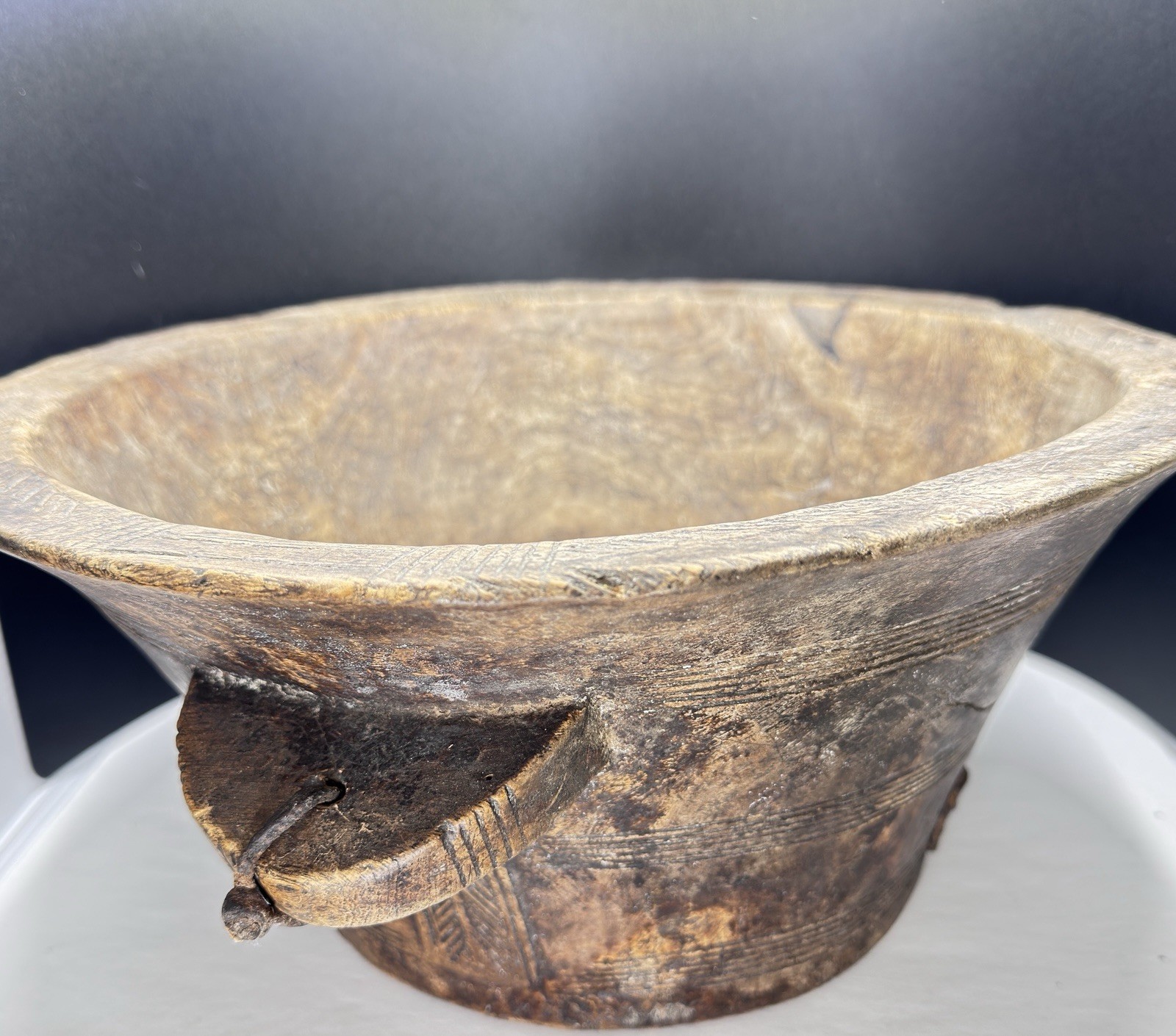 Antique African Carved Wood Bowl Bamileke or Yoruba Ritual Mortar Leather Repair