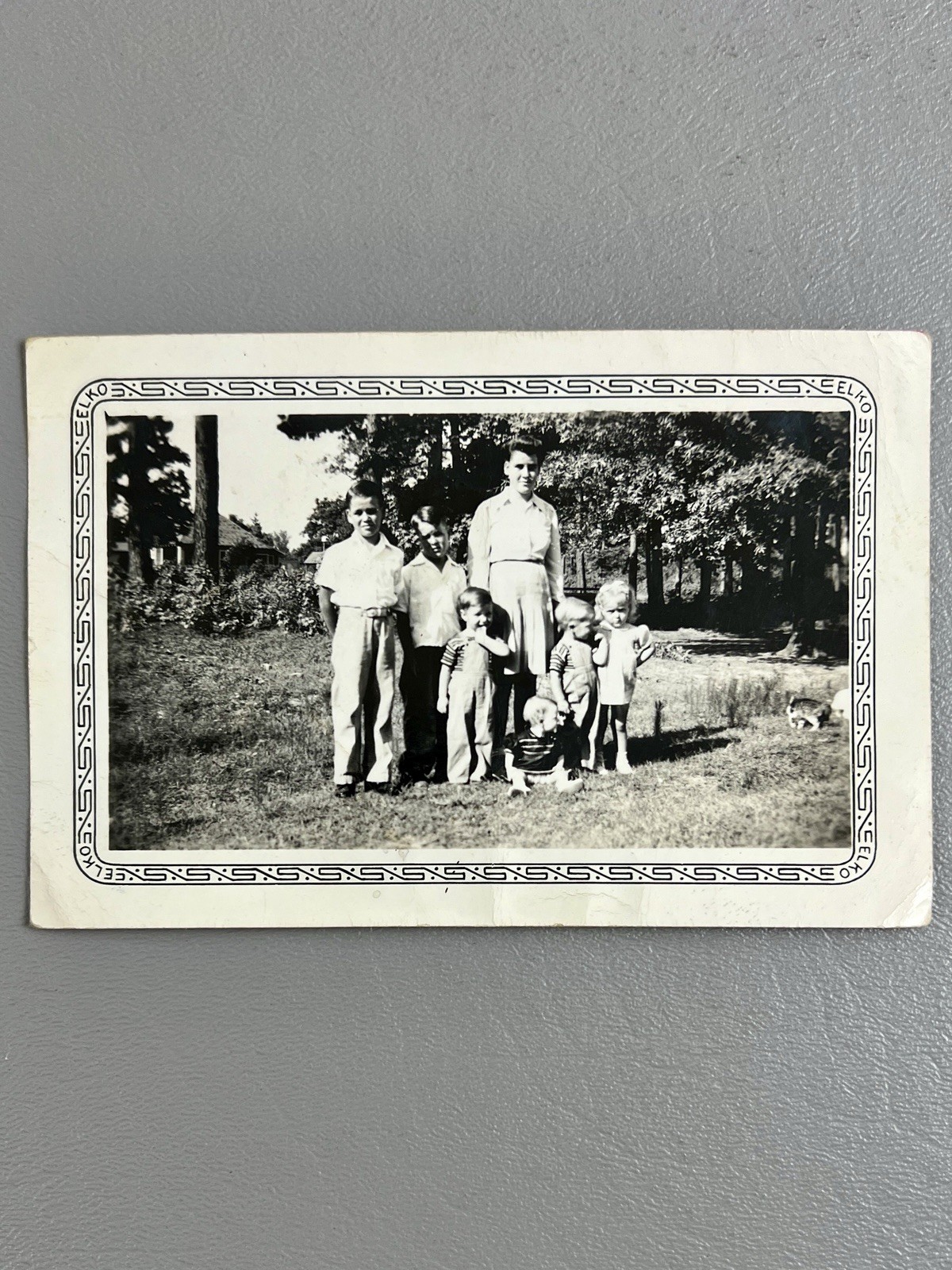 1940s-1950s Family Snapshot Photo Dad & Children Outdoors Identified 3.25”x5”