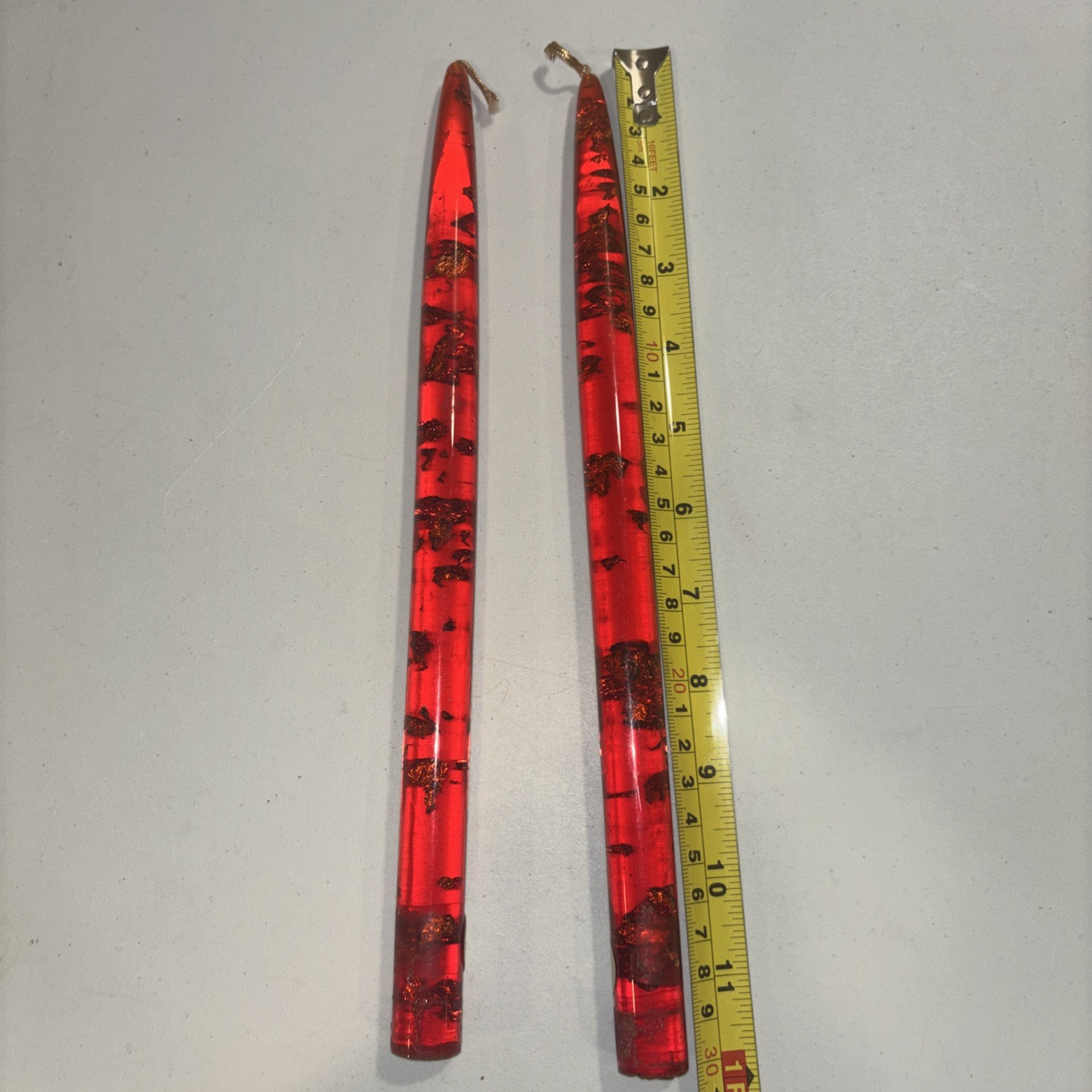 2 MCM Lucite Taper Candles Red w/Gold Flecks. Christmas decor. 